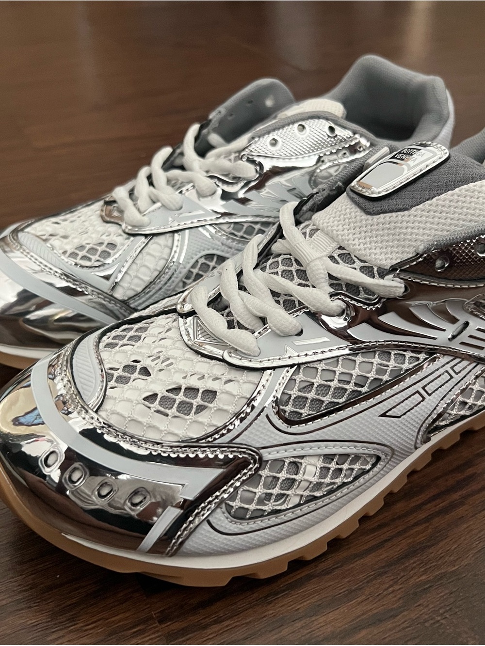 Bottega Veneta White and Silver Lace-Up Sneakers with No Box